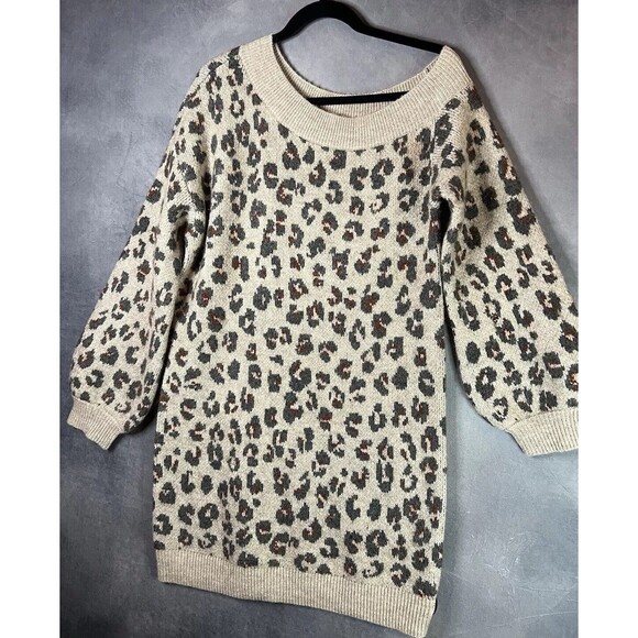 STEVE MADDEN Leopard Animal Print Sweater Knit Dress Slouchy Shoulder Women - Picture 8 of 12